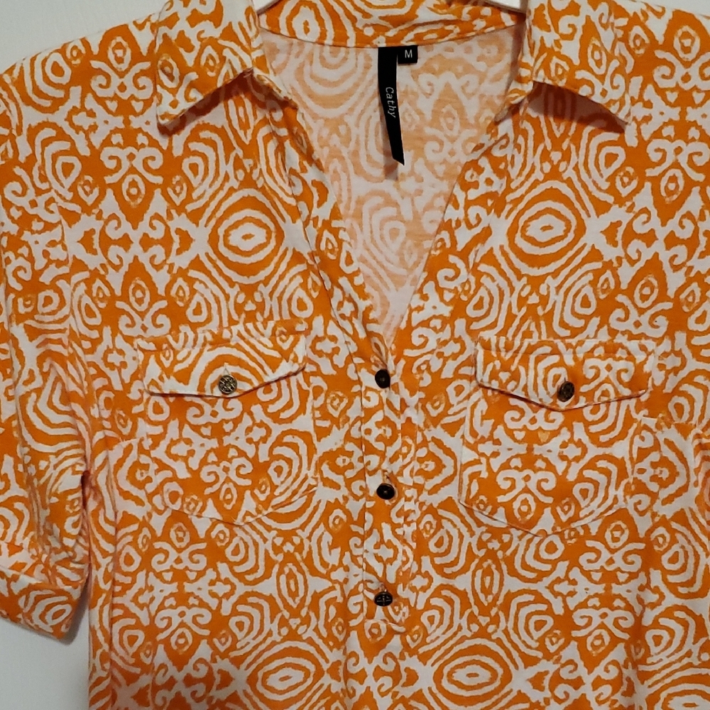 Vibrant Orange Patterned Button Down Shirt - Picture 4 of 6